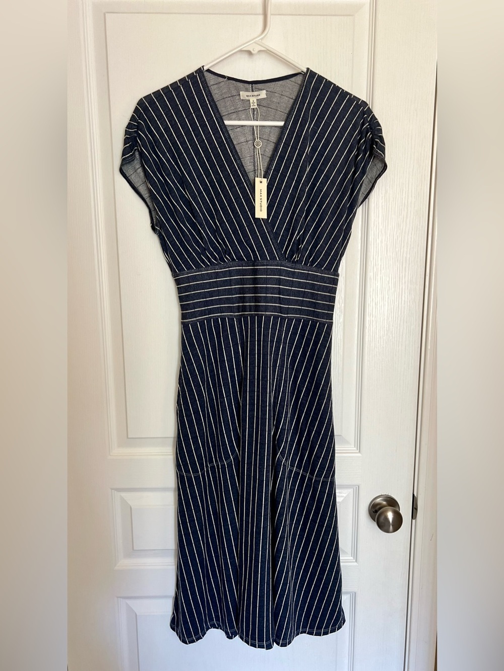 Navy and White Pinstripe A-line Midi Dress with Pockets Nautical Coastal Grandma - Picture 2 of 9